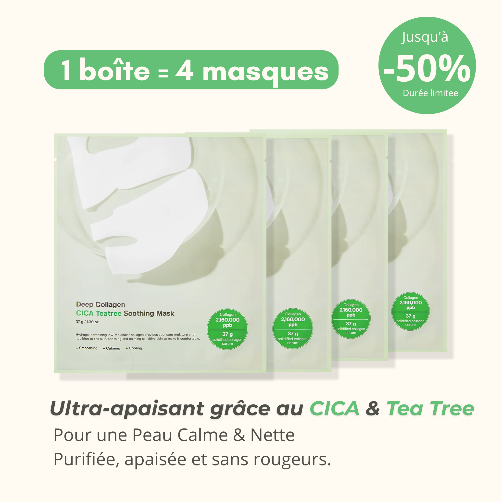 Masque Visage Coréen (x4) – Collagène, CICA, Tea Tree pour Apaiser, Purifier et Lisser la Peau